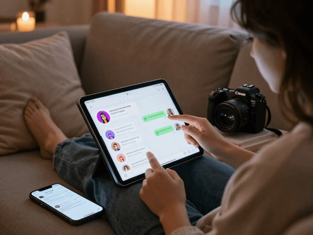 Engaging in AI sex chat on a tablet in a cozy setting, exploring digital intimacy.
