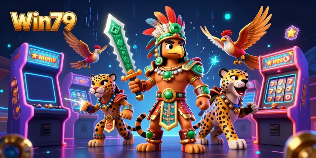 Engage in the vibrant atmosphere of Win79 with Aztec warriors and casino elements in a colorful 3D scene.