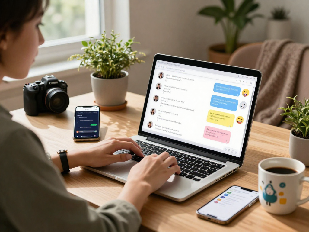Engaging spicychat conversation on a laptop in a cozy home office, showcasing AI interaction.