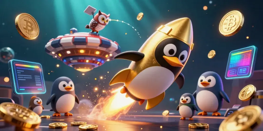Experience the excitement of kingjohnnie's online casino with a vibrant 3D illustration featuring a golden penguin and crypto elements.