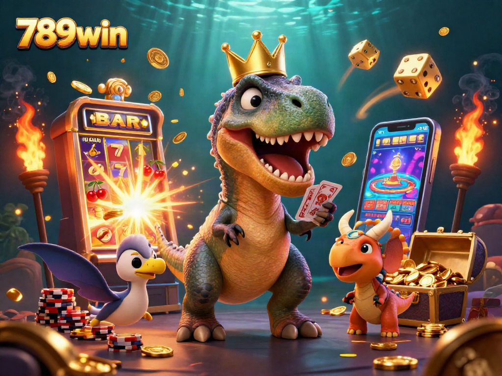 Engage in exciting gaming adventures with 789win featuring cute cartoon dinosaurs in a vibrant casino scene