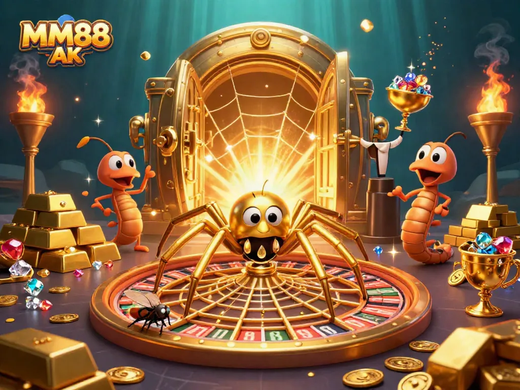 Experience the thrill of MM88 AK gaming with a golden roulette wheel web, vibrant treasures, and a playful atmosphere.