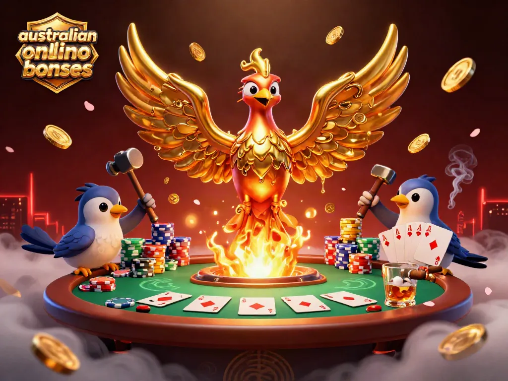 Experience australian online casino bonuses with a golden phoenix and poker elements in an exciting scene.