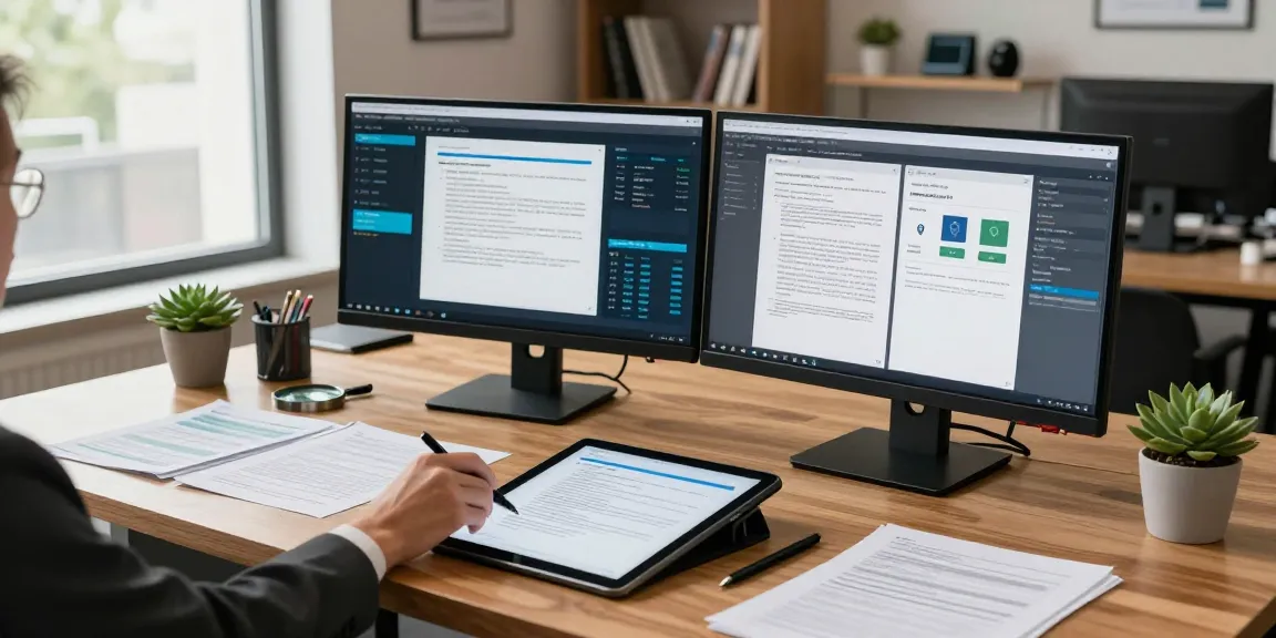 Focused professional analyzing documents for document fraud detection in a modern office.
