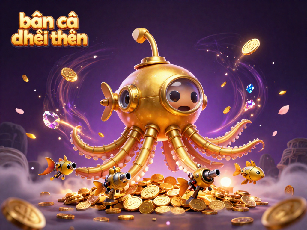 Experience the excitement of bắn cá đổi thưởng with a golden kraken submarine and mechanical fish in a treasure-filled scene.