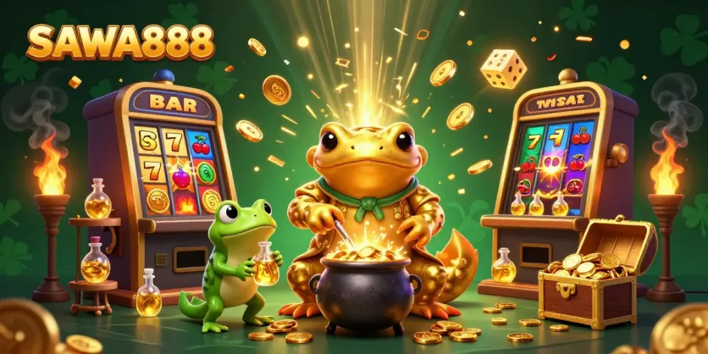 SAWA888 features a golden salamander alchemist and lively cauldron in a vibrant casino setting.