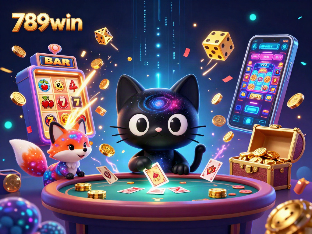 Engaging cosmic casino scene with the 789win black hole cat attracting chips and cards, creating excitement.