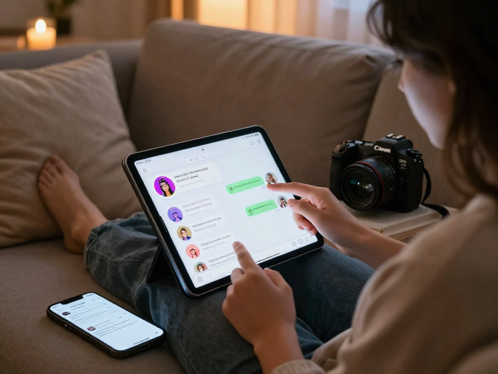 Engaging in AI sex chat on a tablet in a cozy setting, exploring digital intimacy.