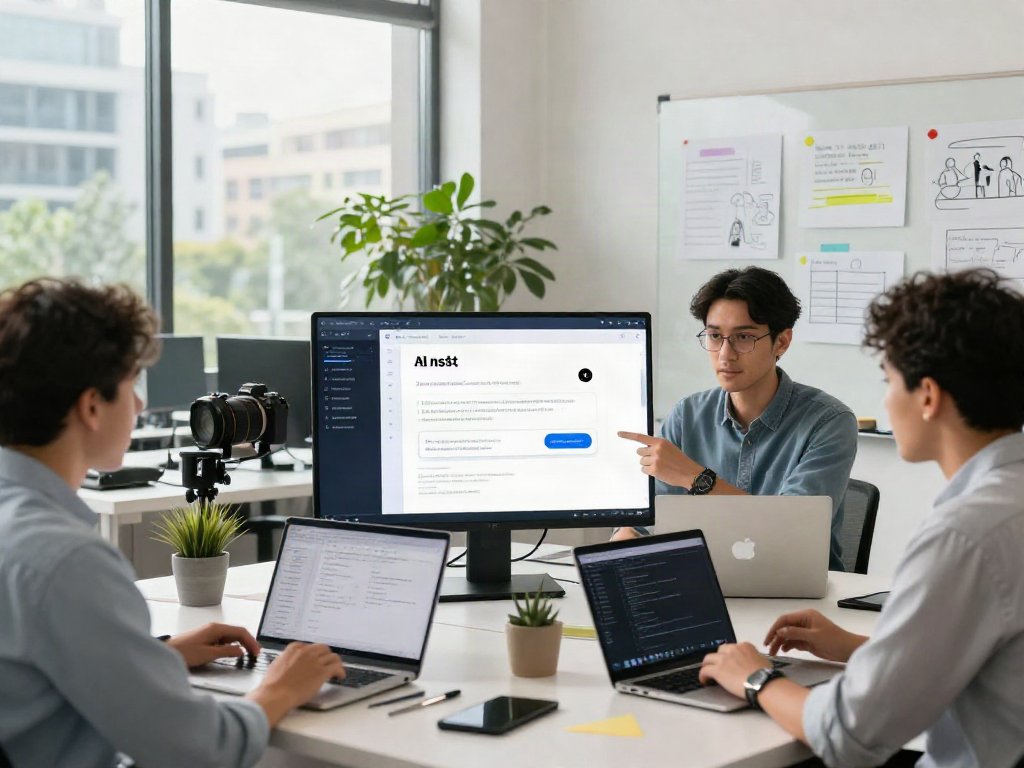 Team engaging with AI nsfw chat technology in a modern workspace, showcasing interactive digital collaboration.