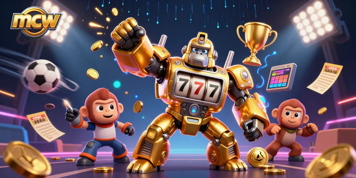 Experience thrilling gaming action at mcw with a vibrant scene featuring a golden gorilla mech and sports elements.