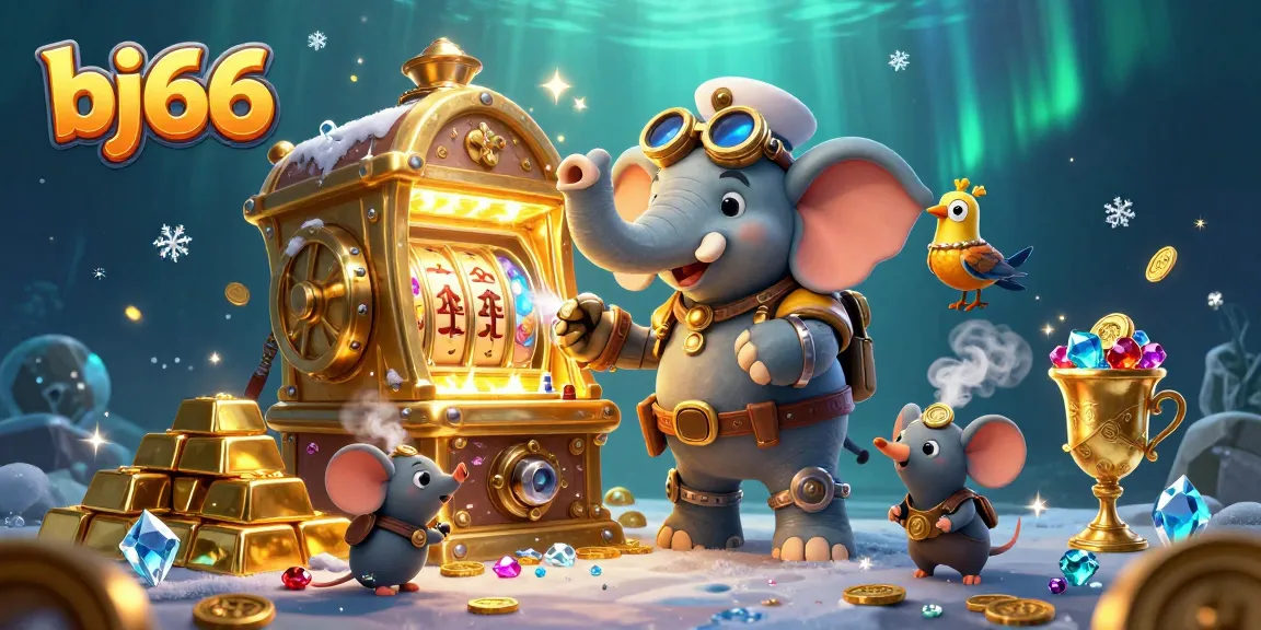 Experience the excitement at bj66 as the steampunk elephant spins a golden slot machine surrounded by treasure.