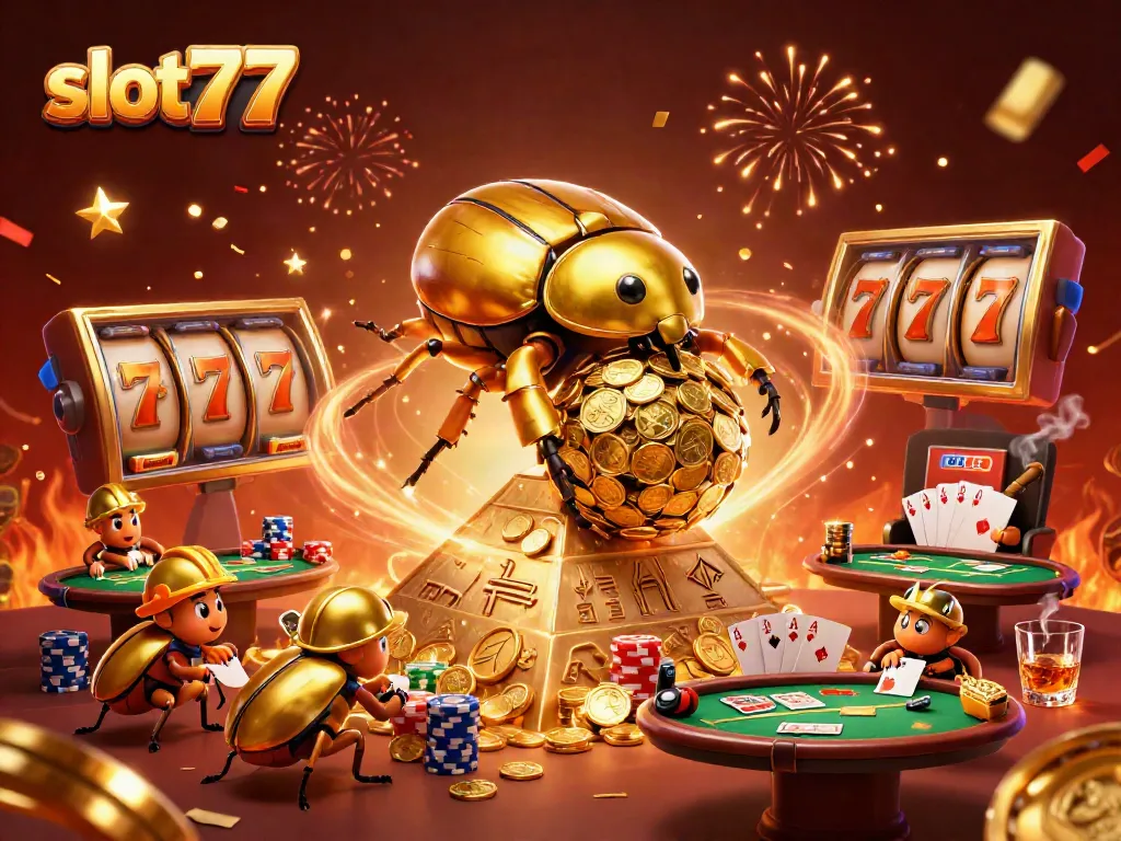 Spin to win with slot777 in a vibrant 3D illustration featuring golden beetles and dynamic casino elements.