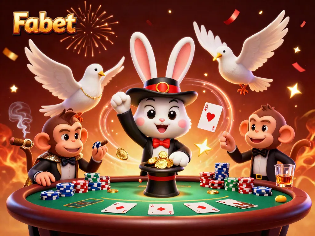 Engaging Fabet illustration with a magician rabbit, dove, and monkey surrounded by poker elements.