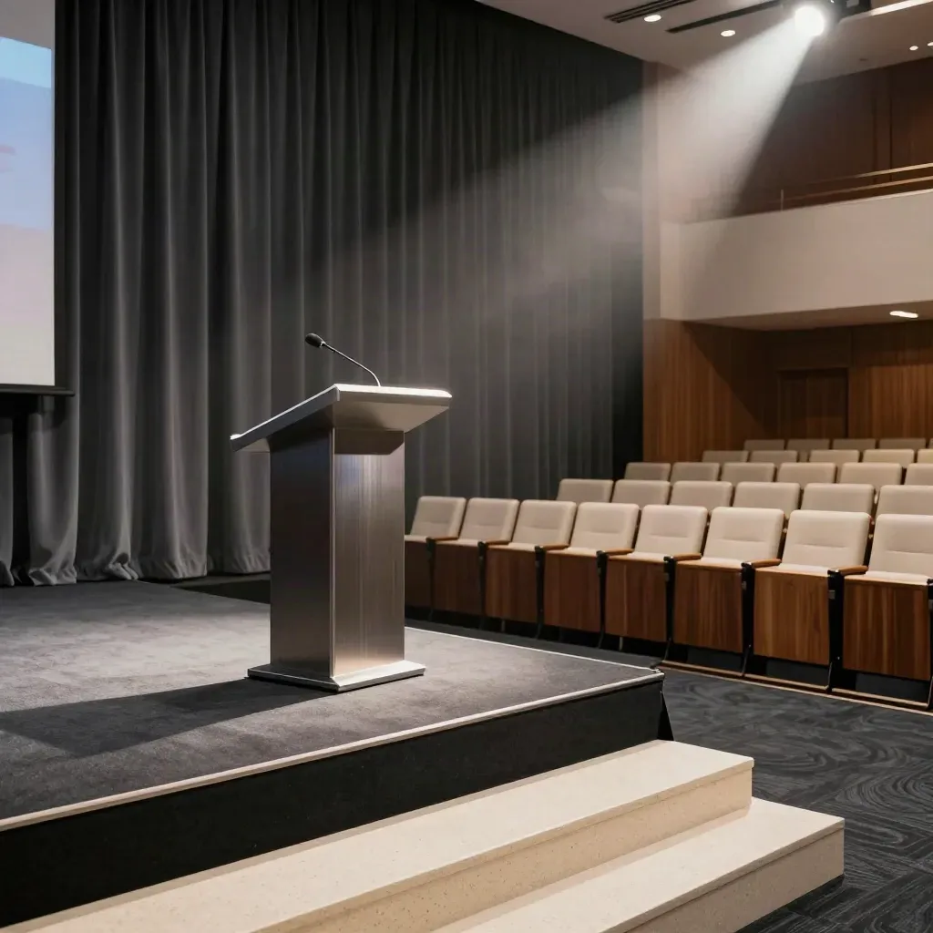 Palco vuoto con leggio illuminato, poltrone sfocate e luce teatrale pronta per una conferenza.