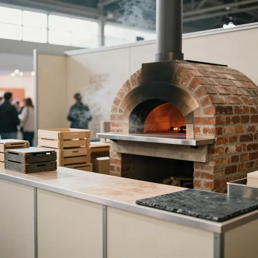 Stand espositivo per pizza con forno in mattoni, banco campioni e cassette ingredienti.