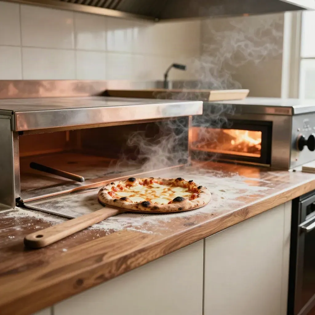 Banco di rame con cassette di lievitazione, pala con pizza, forno acceso e vapore caldo.