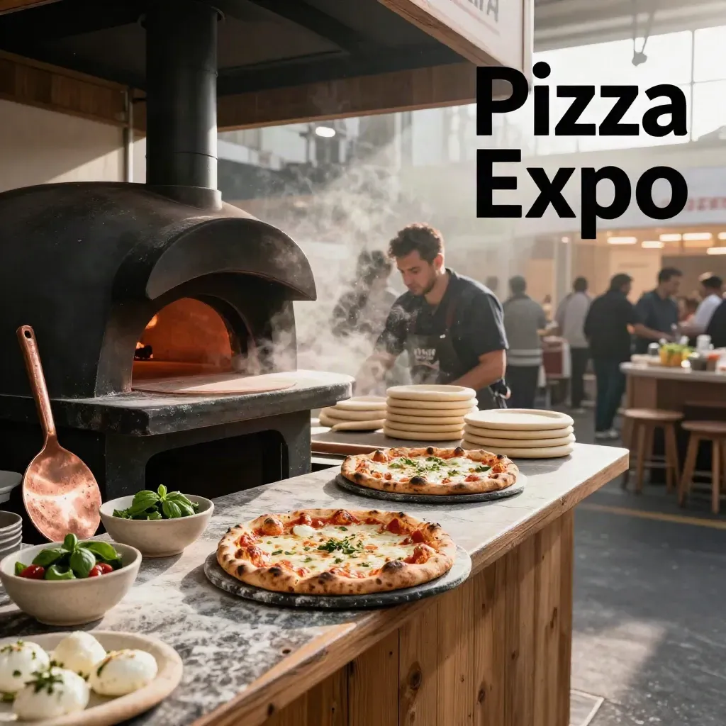 Stand Pizza Expo con forno a legna, margherita fumante e attrezzi da fiera, luce cinematica
