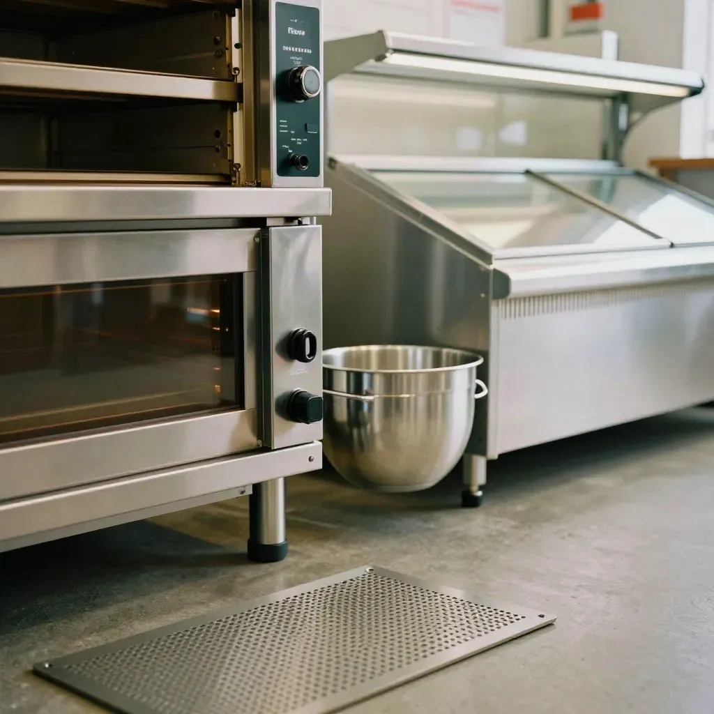Forni, impastatrice e banco frigo in un allestimento fieristico elegante e cinematografico.