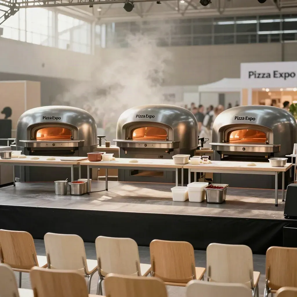 Palco demo pizza vuoto con tre forni accesi, tavoli prep e sedie in attesa del pubblico.