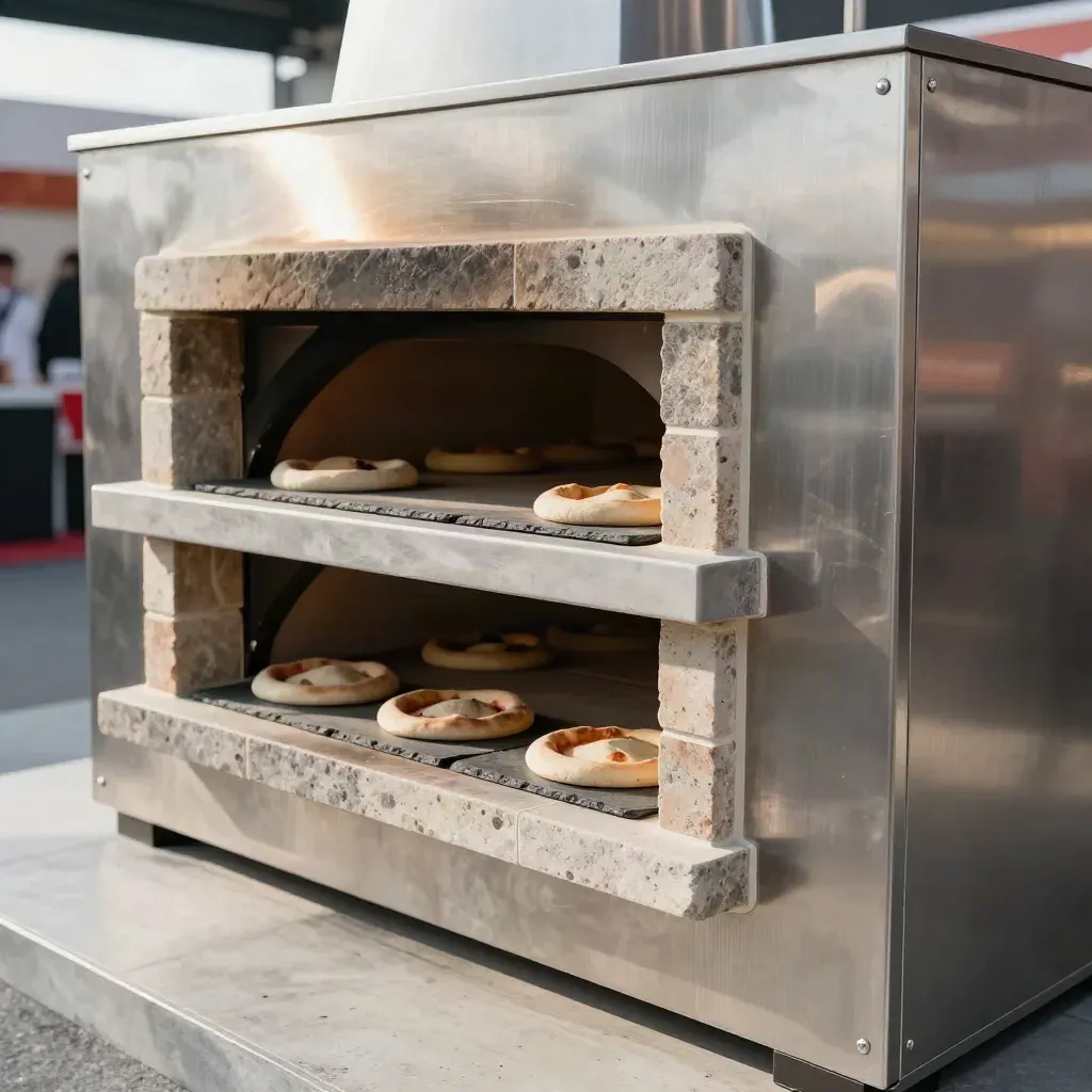 Forno pizza in acciaio e pietra con basi di impasto su ardesia.