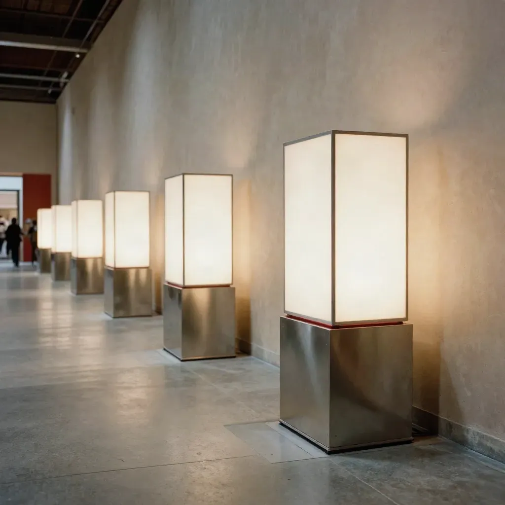 Luci sponsor luminose in un padiglione fiera, pedane metalliche e spazio aperto.