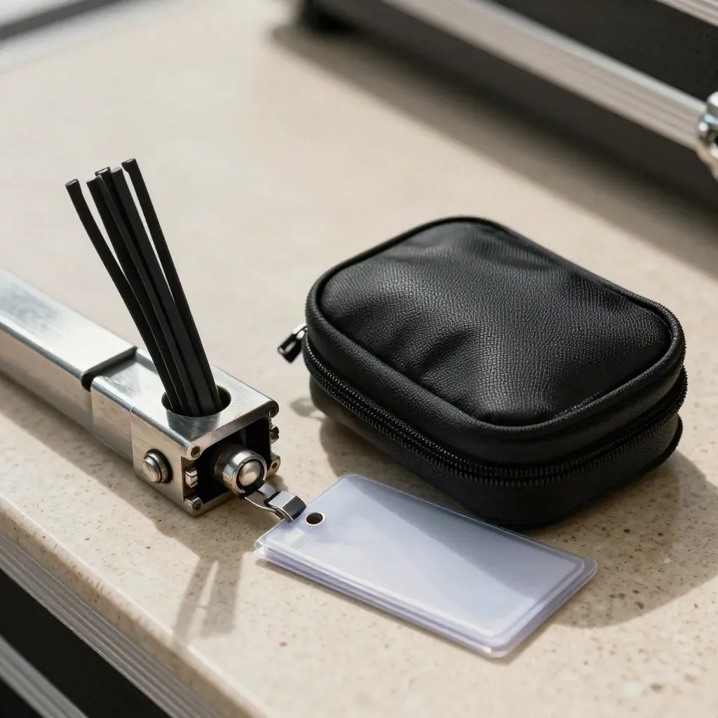 Dettaglio macro di fascette, morsetto truss, pouch cuffie e badge su flight case.