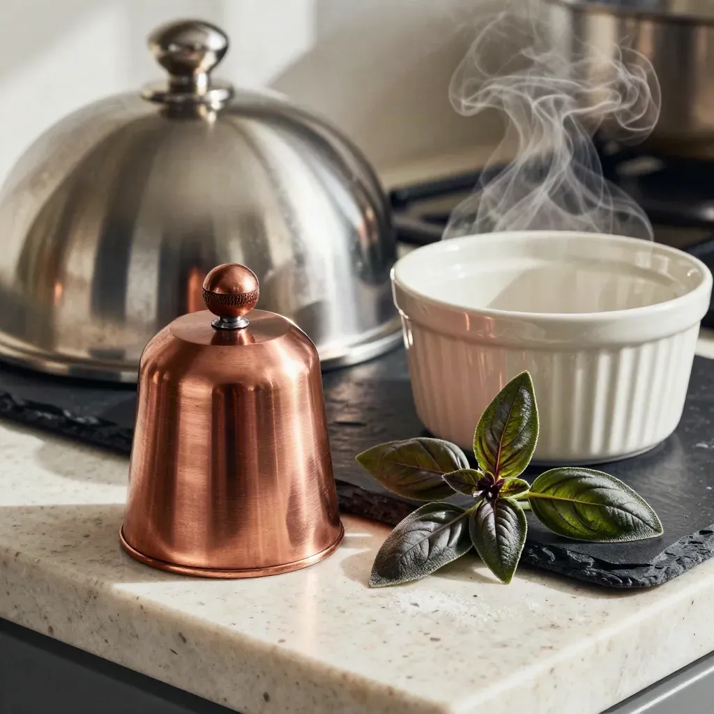 Timer in rame, cloche e ramekin con basilico su banco in travertino, luce calda.