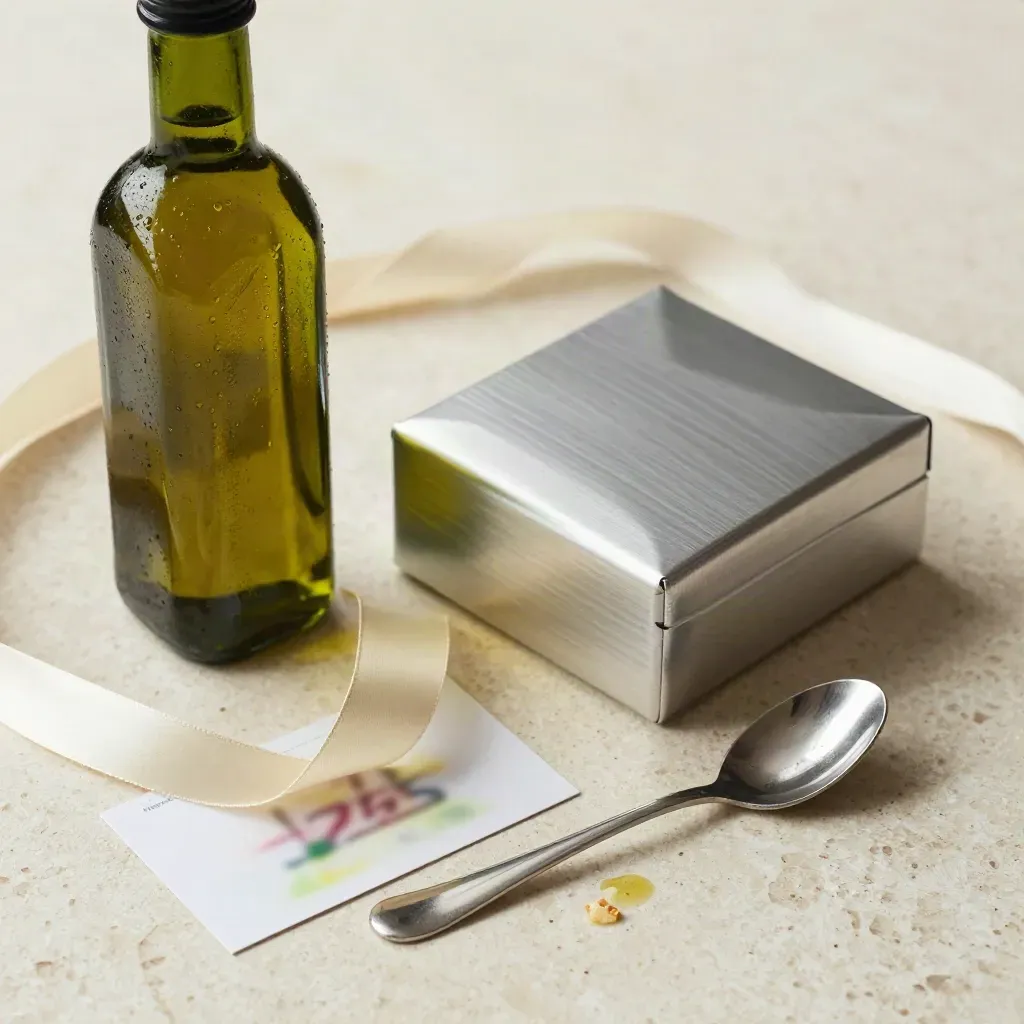 Bottiglia d’olio, bobina di nastro, valigetta campione e cucchiaio su travertino chiaro.