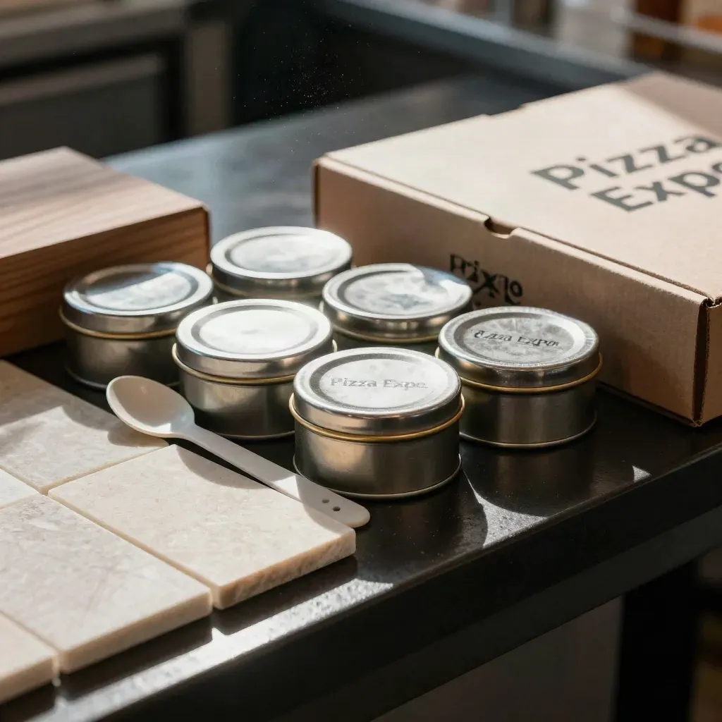 Tins ingredienti, cucchiaio e campione di pietra su banco, luce drammatica.