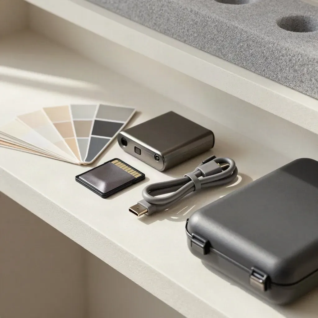 Kit di materiali con custodia rigida, cavo USB-C, batteria e campionario colori su piano chiaro.