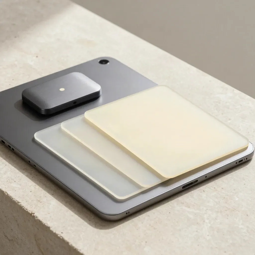 Tablet capovolto, hub wireless e tessere bianche su pietra chiara con luce morbida