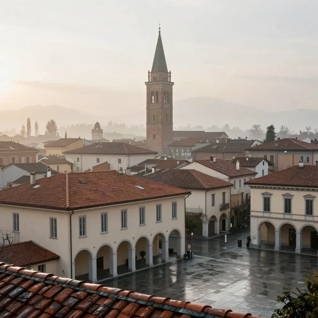 Bergamo Alta all’alba, tetti in terracotta e campanile nella nebbia sopra una piazza di pietra.