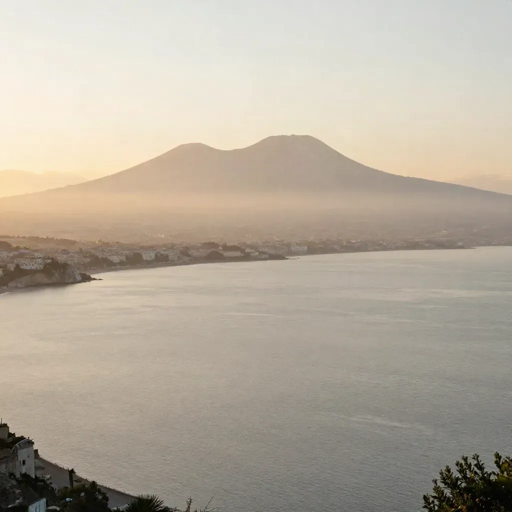 Veduta del Golfo di Napoli con il Vesuvio e il mare avvolti nella foschia al tramonto