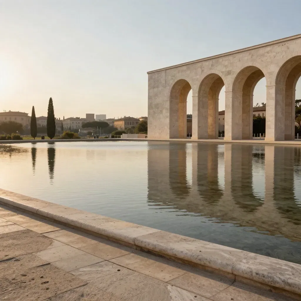 Archi in travertino dell’EUR al tramonto con vasca riflettente e skyline romano nella foschia.