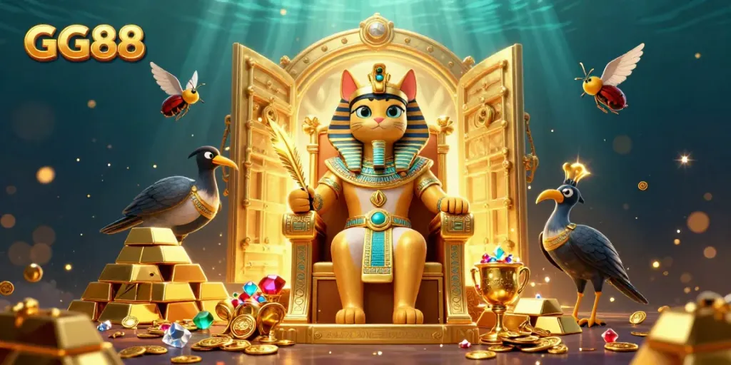Engage in lucrative gaming experiences with GG88, featuring a pharaoh cat and treasures.
