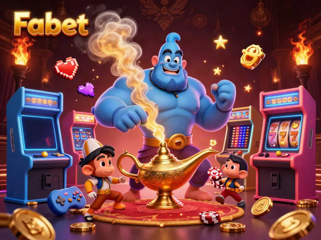 Join the excitement at Fabet with a vibrant illustration featuring a genie, magic carpet, and casino games.