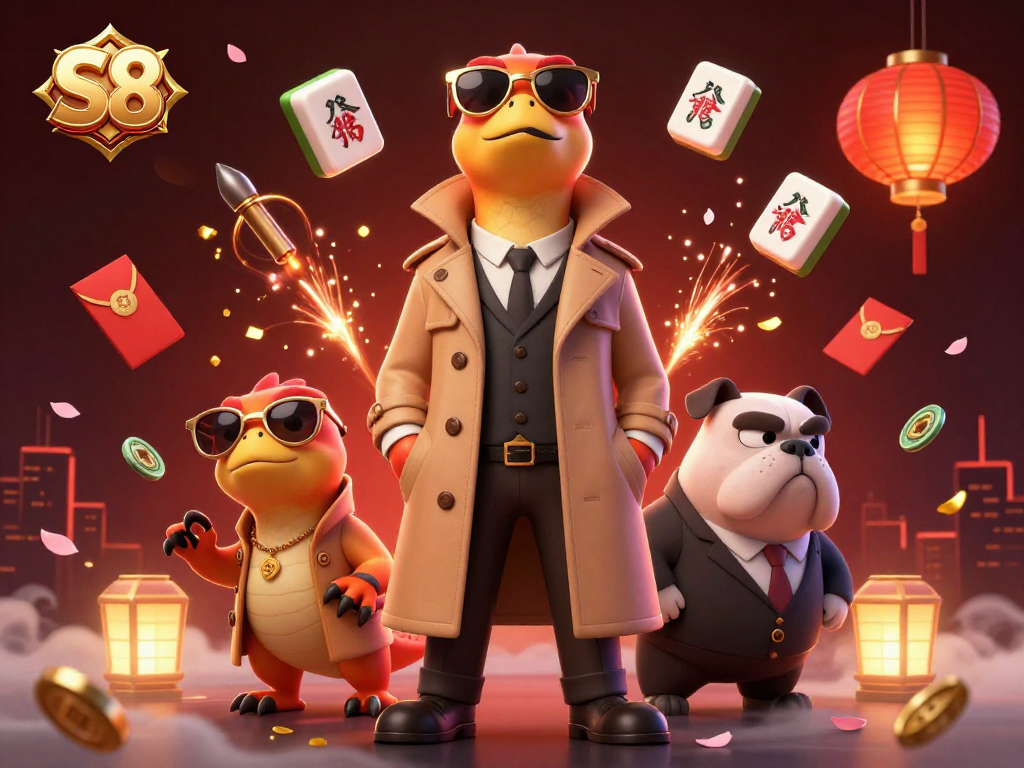 Experience breathtaking gaming adventures at S8 Casino, featuring dynamic scenes with cartoon characters and casino elements.