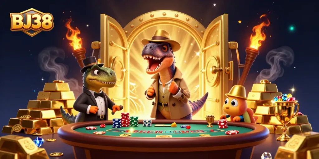 Experience the thrilling BJ38 gaming action with a velociraptor card counter, a stegosaurus pit boss, and treasure galore.