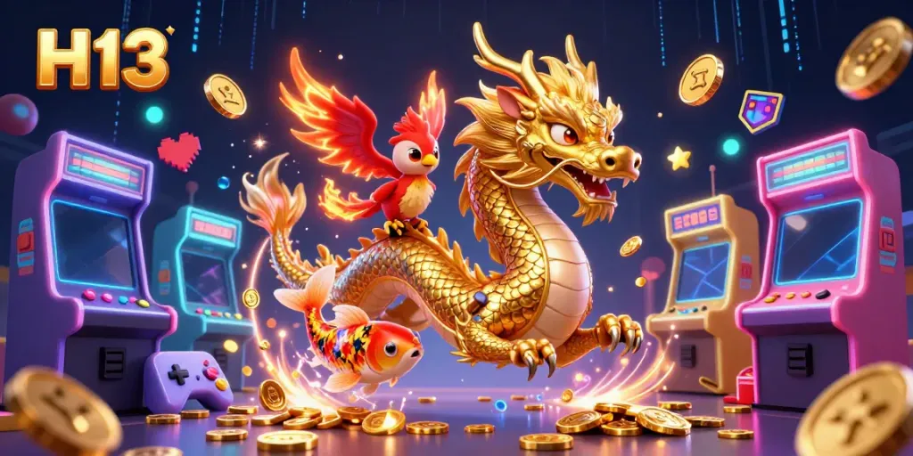 Engage with H 13's exciting elements through an immersive casino-themed 3D illustration featuring vibrant characters and dynamic game elements.