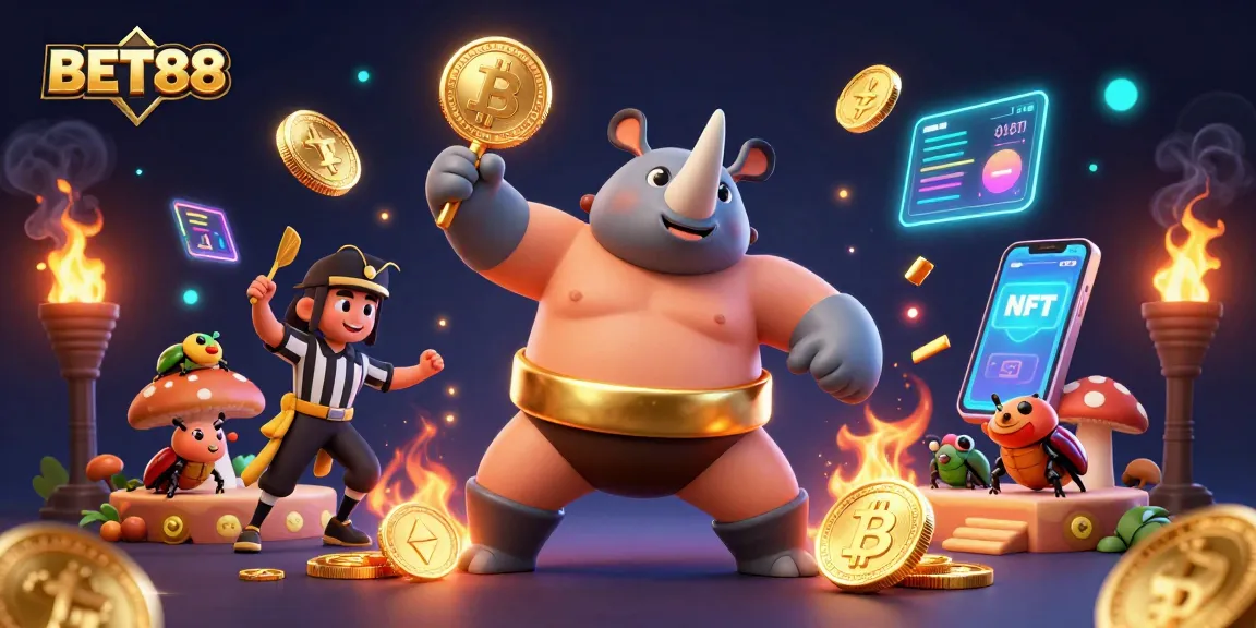 BET88 Casino illustration shows a beetle champion stomping coins while blockchain elements surround it.