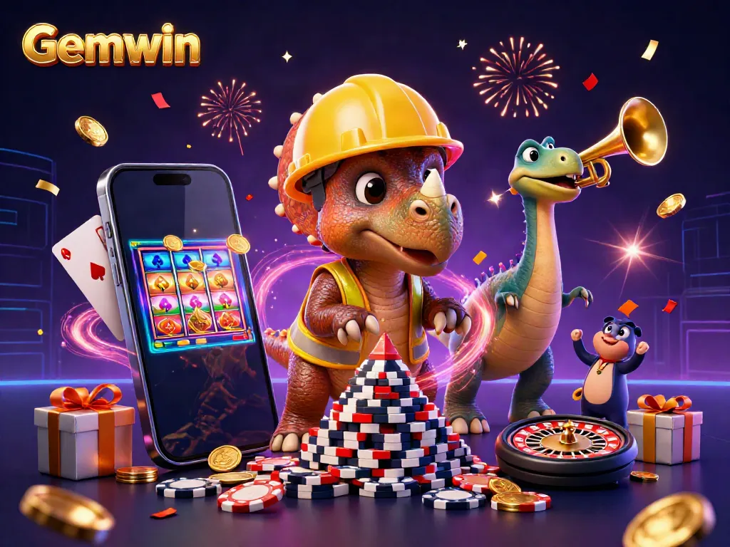 Celebrate with Gemwin: a vibrant scene featuring a triceratops, parasaurolophus, and casino elements.