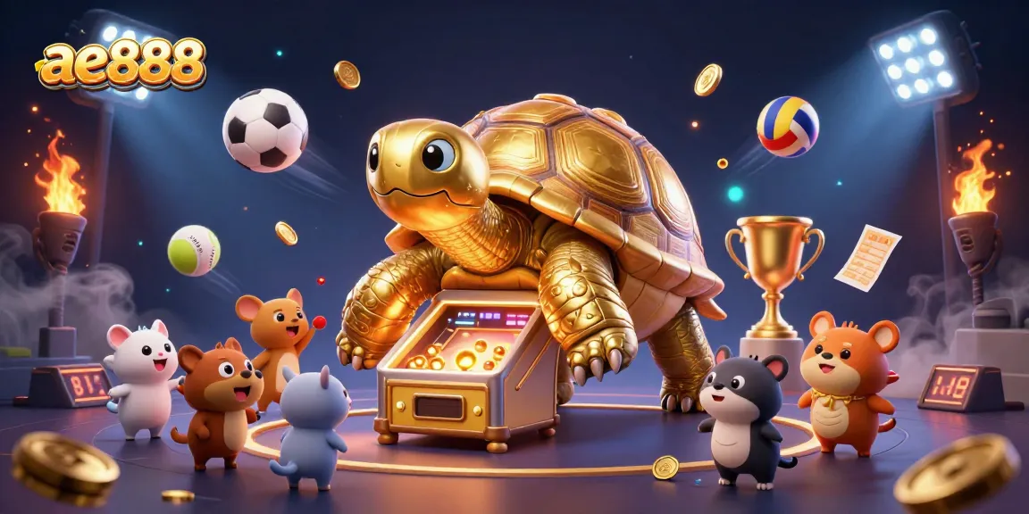 Experience the excitement of ae888 as a giant golden tortoise pinball machine captivates eager players.
