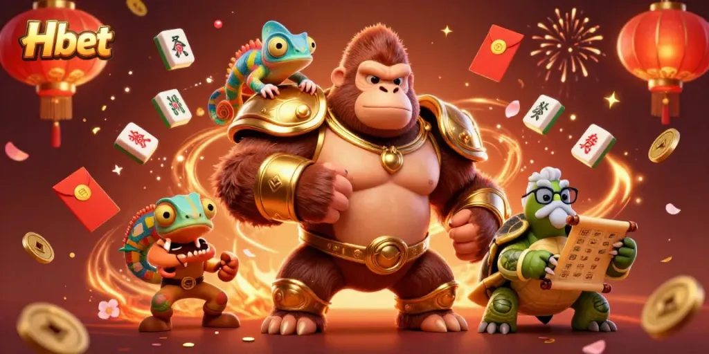 Engage in thrilling gameplay at Hbet with a dynamic scene featuring a powerful gorilla and vibrant casino elements.