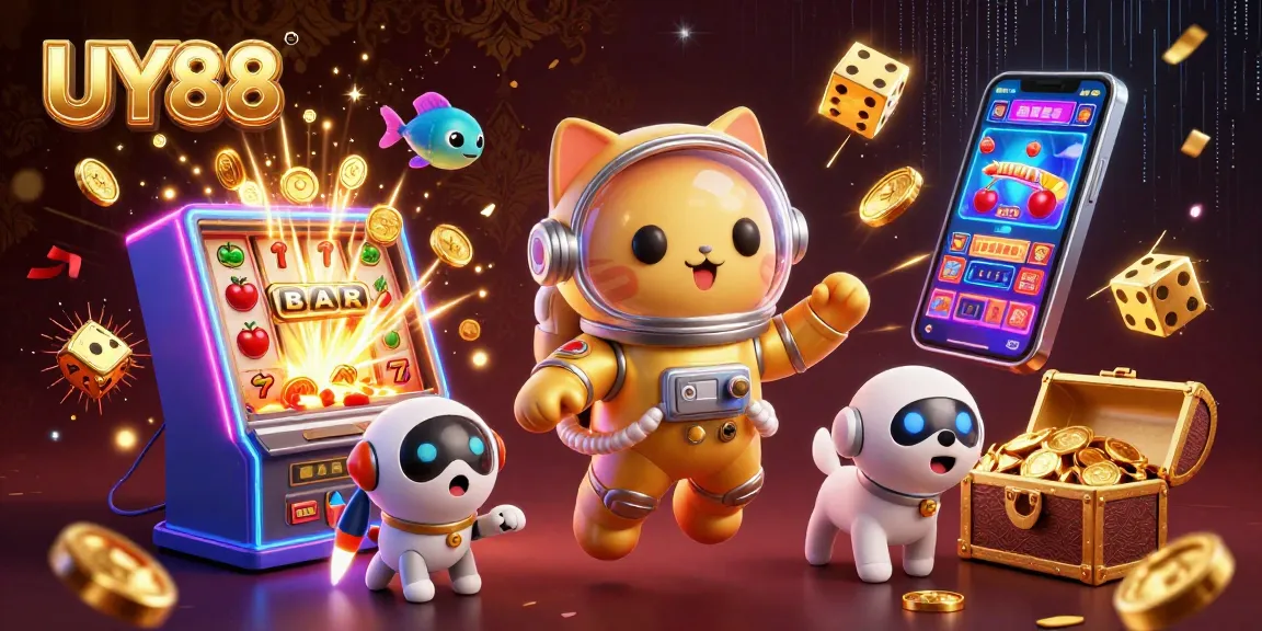 Experience the excitement of UY88 with a vibrant 3D casino scene featuring iconic gaming elements.