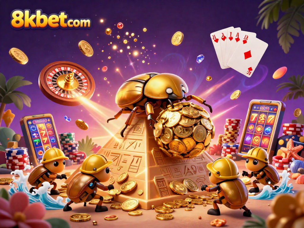 Experience 8kbetcom's vibrant casino world with golden beetles and cascading coins.