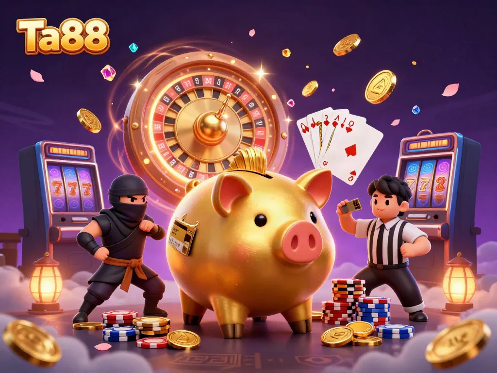 Experience thrilling gameplay with Ta88 as a golden piggy bank sumo wrestler, coins everywhere, and intense action.