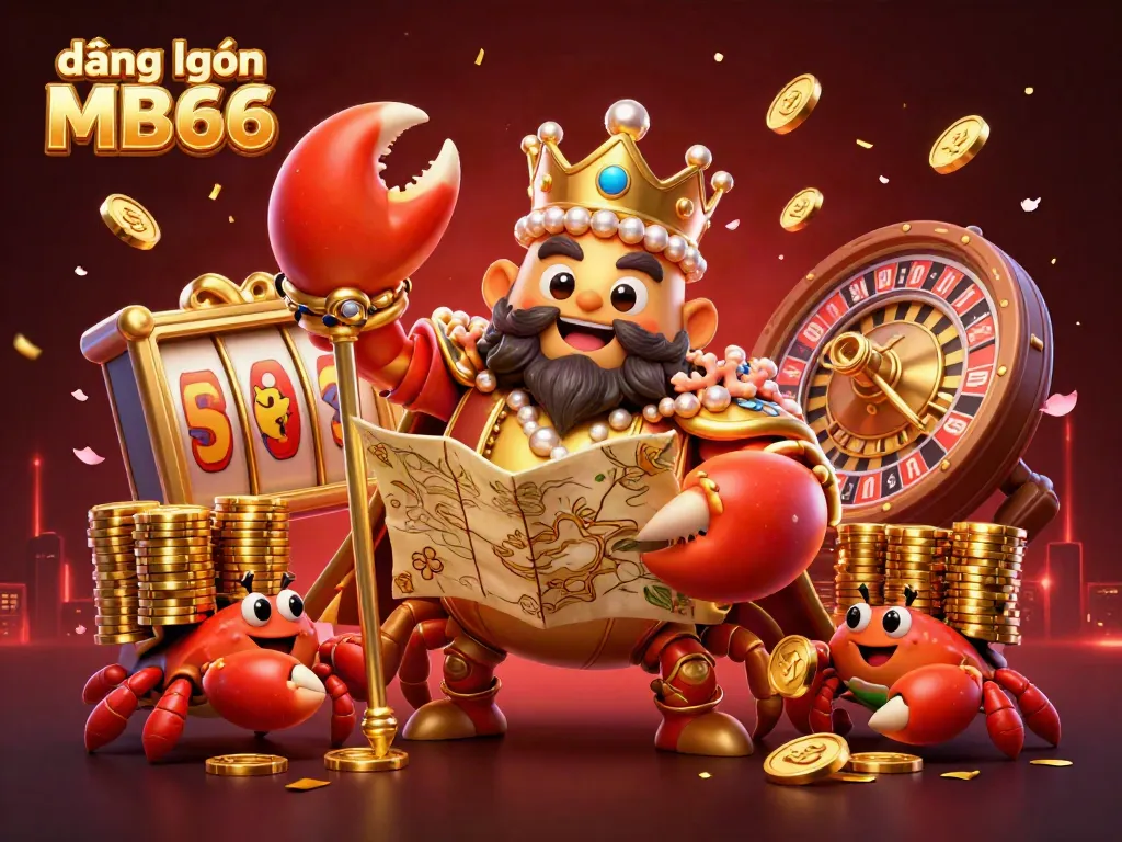 Engage with đăng nhập MB66 for premium gaming, featuring a golden crab emperor in a vibrant casino setting.