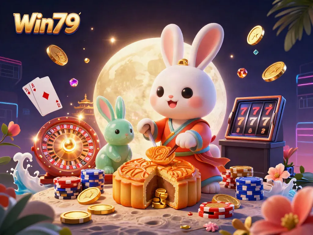 Engage with Win79's thrilling online casino experience featuring a magical moon rabbit illustration surrounded by vibrant gaming elements.