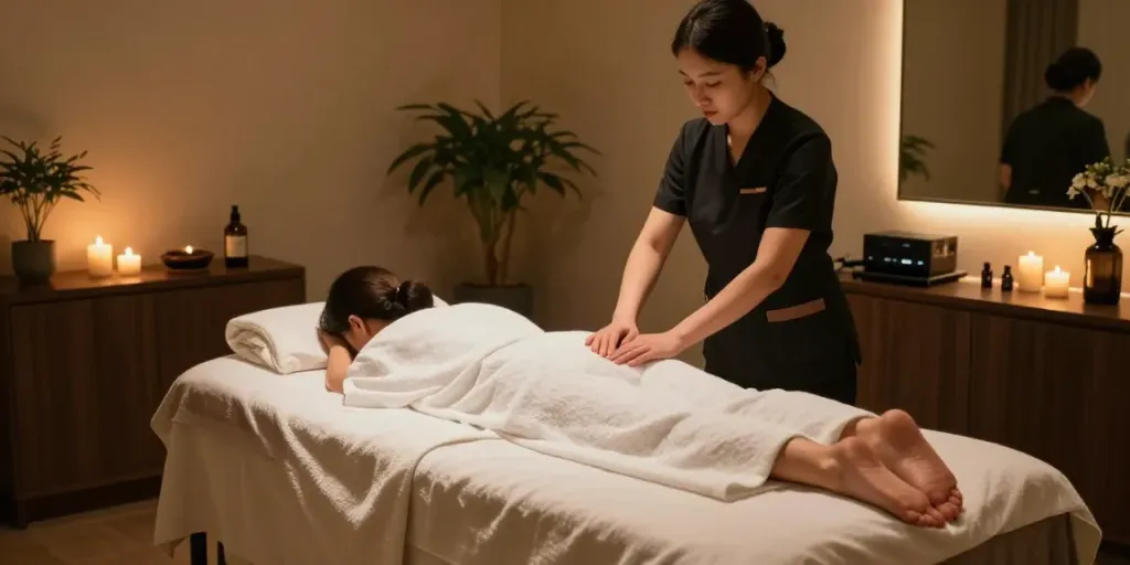 Relaxing Seoul 출장안마 spa setup with soft linens, aromatic oils, and calming lighting.