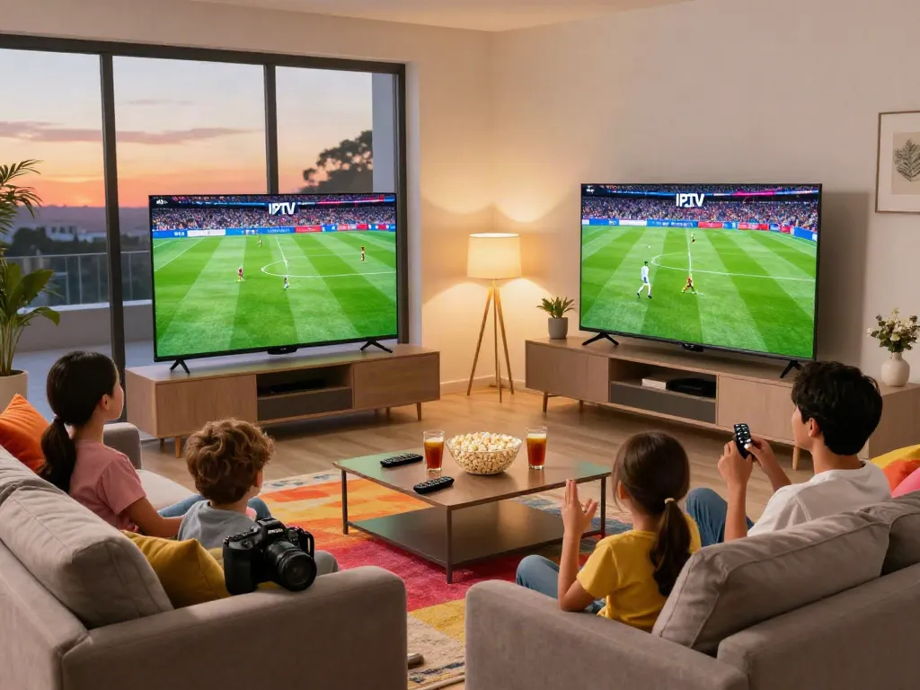 Family enjoying IPTV Italia with 4K soccer highlights in a cozy living room.